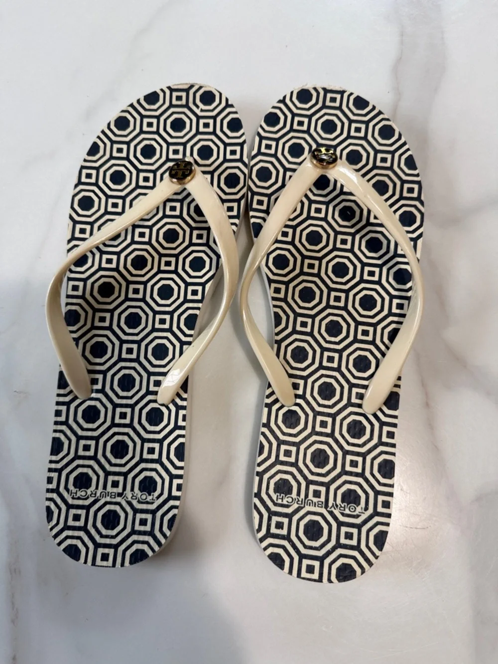 Tory Burch Navy Geometric Print Flip Flops with Cream Straps